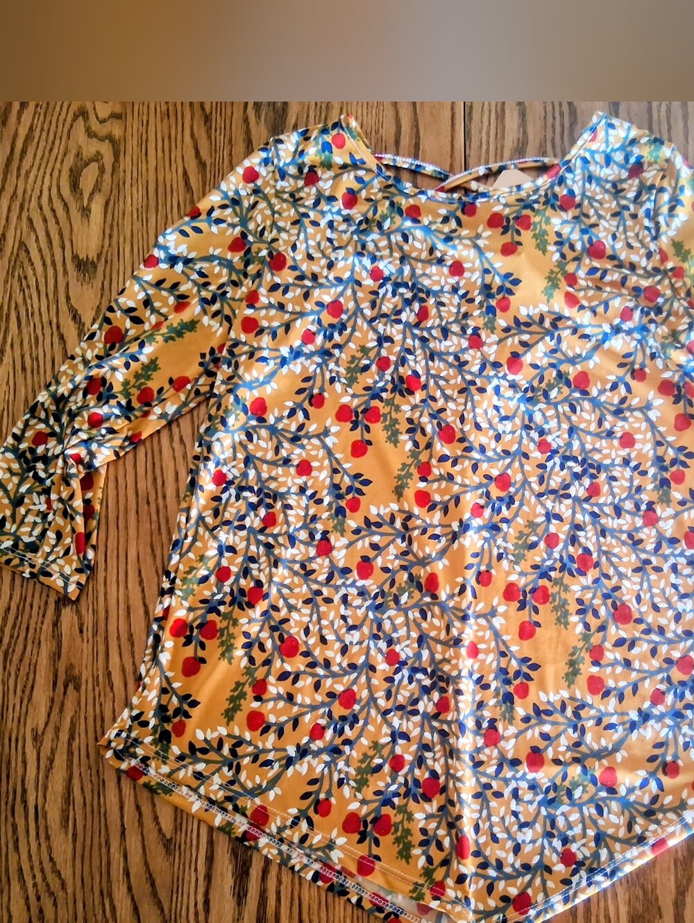 NWT PETITE ladies Top By SJS, Goldish Color, Red Fruit  pattern ,sz Petite M
